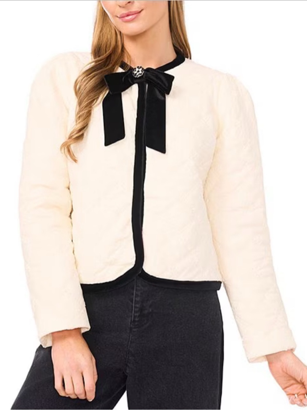 CeCe Quilted Bow Neck Contrast Trim Jacket New Ivory Black Size M NWT